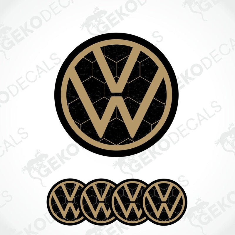 A set of four black, brown, and white vinyl stickers with a geometric pattern forming the VOLKSWAGEN logo.