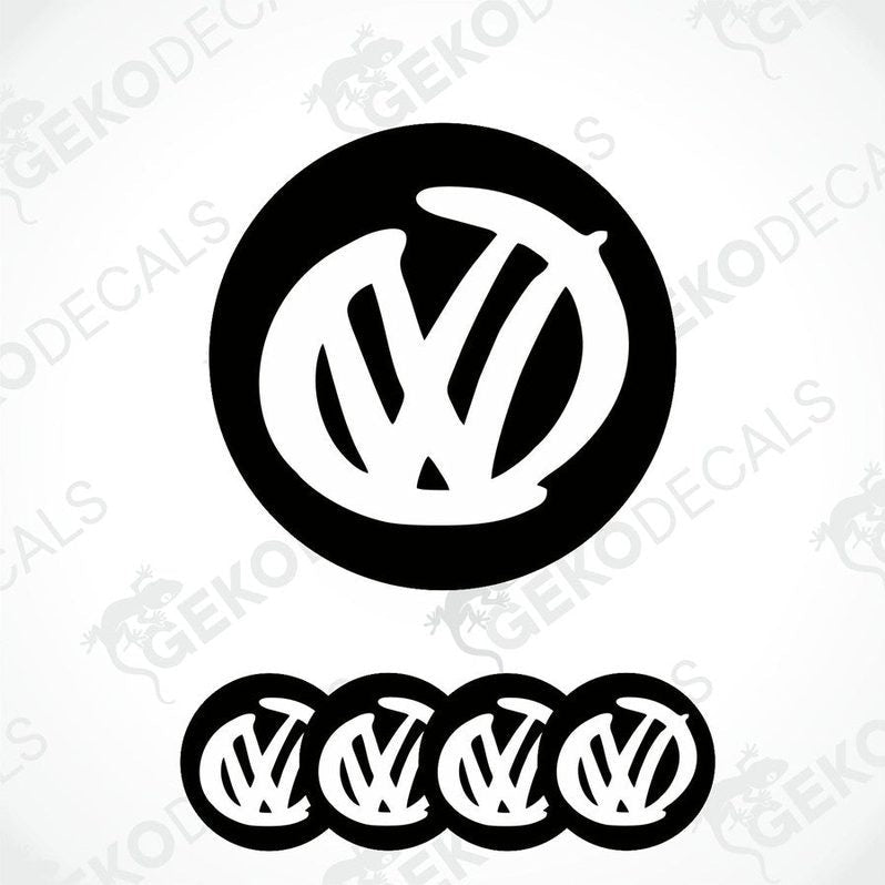 A set of four black and white volkswagen emblem stickers with a dome shape, displayed against a white background.