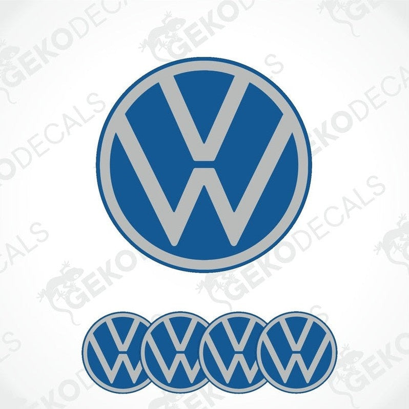 A set of blue vinyl decals with the Volkswagen logo, including one large dome decal and four smaller ones.
