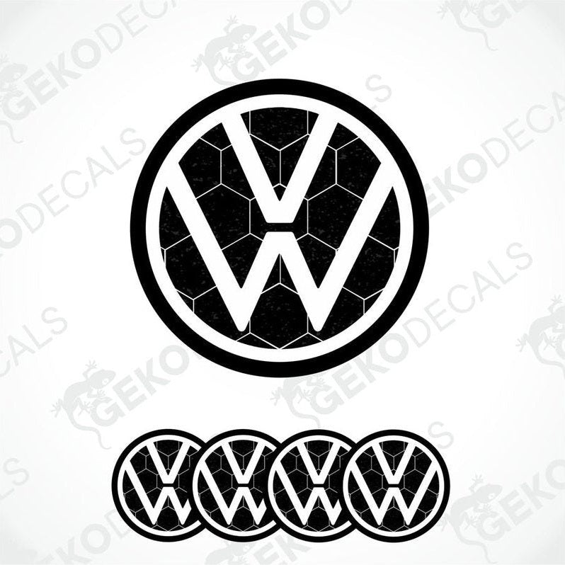 A set of four black and white volkswagen emblem stickers with a dome shape and a polyurethane coating.