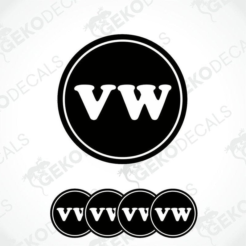 A set of four black vinyl stickers with the word 'VW' in white, indicating a Volkswagen brand theme.