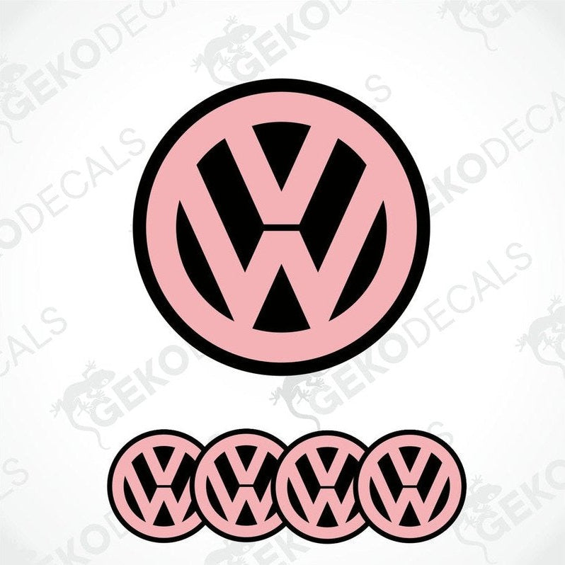 A set of four pink and black vinyl stickers with a dome shape, featuring the Volkswagen logo.