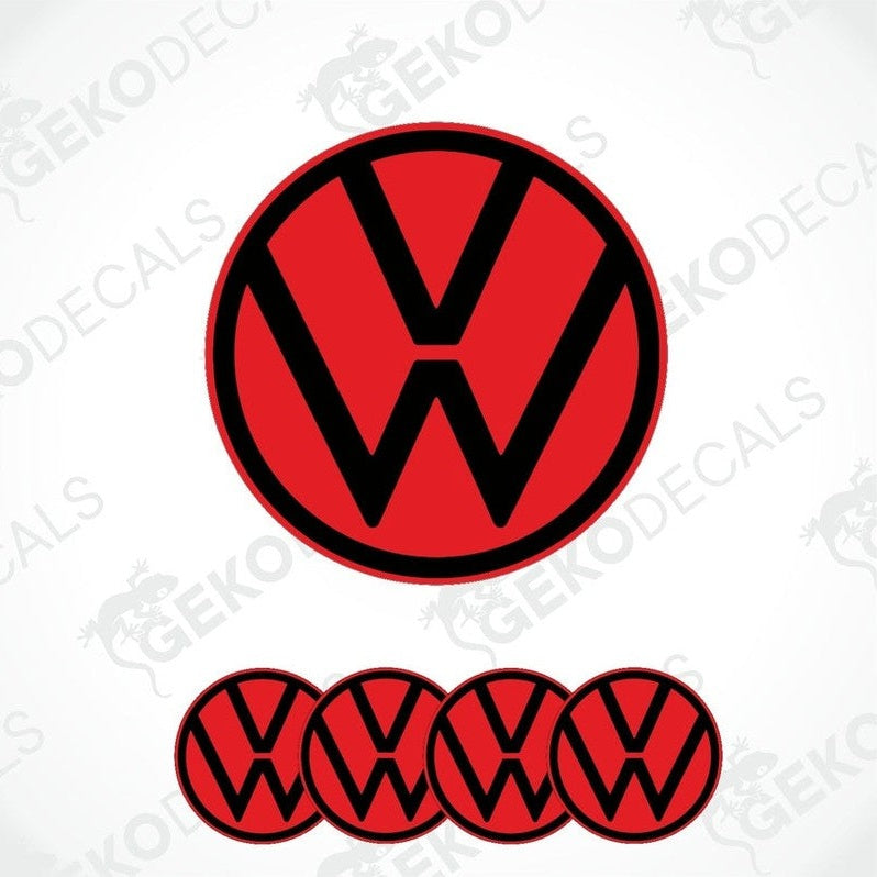 A set of red vinyl decals with the Volkswagen logo, including one large dome decal and four smaller ones.