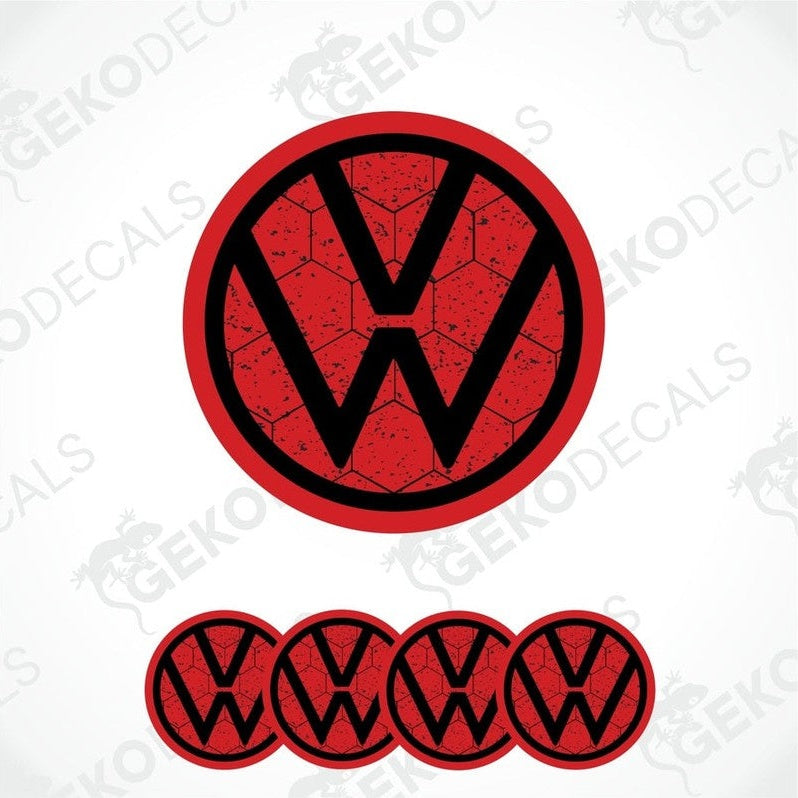 A set of four red and white volkswagen emblem stickers with a domed shape and a polyurethane coating.