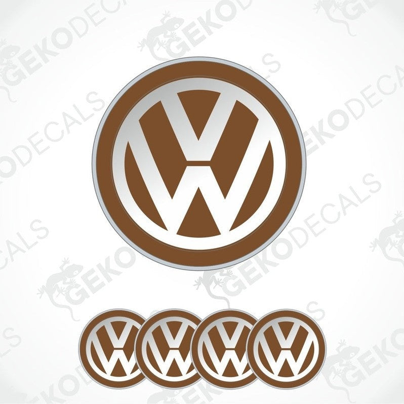 A set of four brown and white vinyl stickers with a dome shape, featuring the Volkswagen logo.