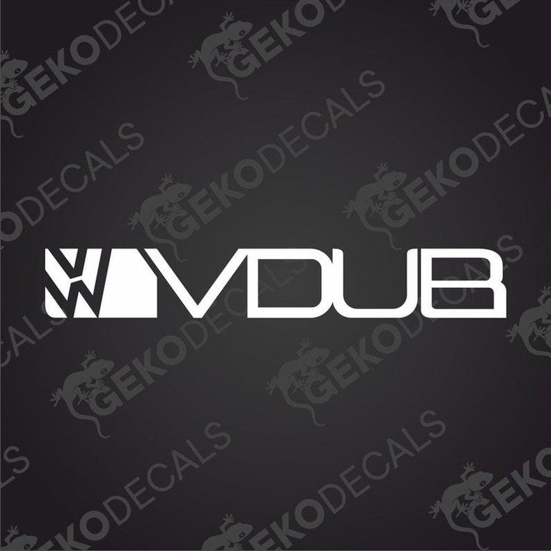 White VW DUB die cut car decal with geometric V design on transfer paper