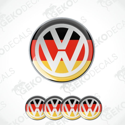 Set of four round car decals featuring the Volkswagen logo with a German flag design.