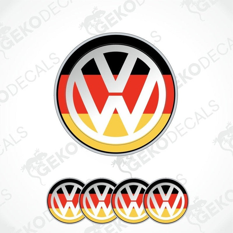 Set of four round car decals featuring the Volkswagen logo with a German flag design.