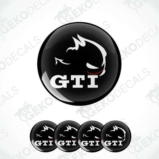 A set of black vinyl decals with the GTI logo on them, displayed on a white background.