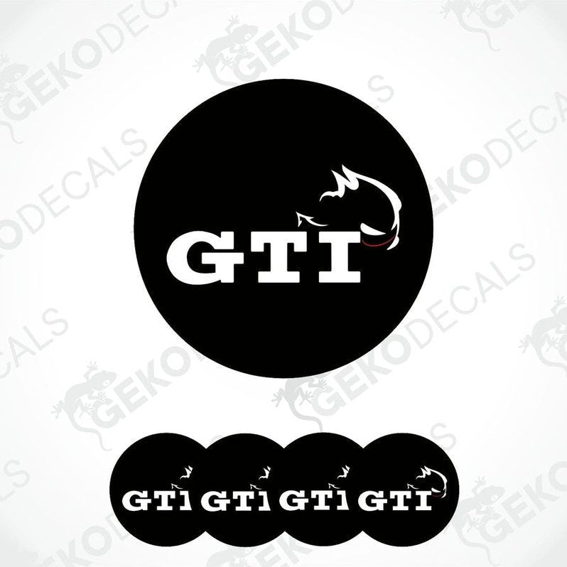 A set of four black vinyl stickers with the letters 'GTI' and a graphic design, displayed on a white background.