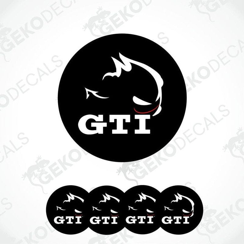A set of black vinyl decals with the GTI logo on them, displayed on a white background.