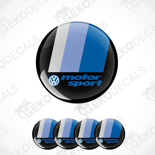 A set of four blue, black, and white vinyl stickers with the Volkswagen MotorSport logo on them.