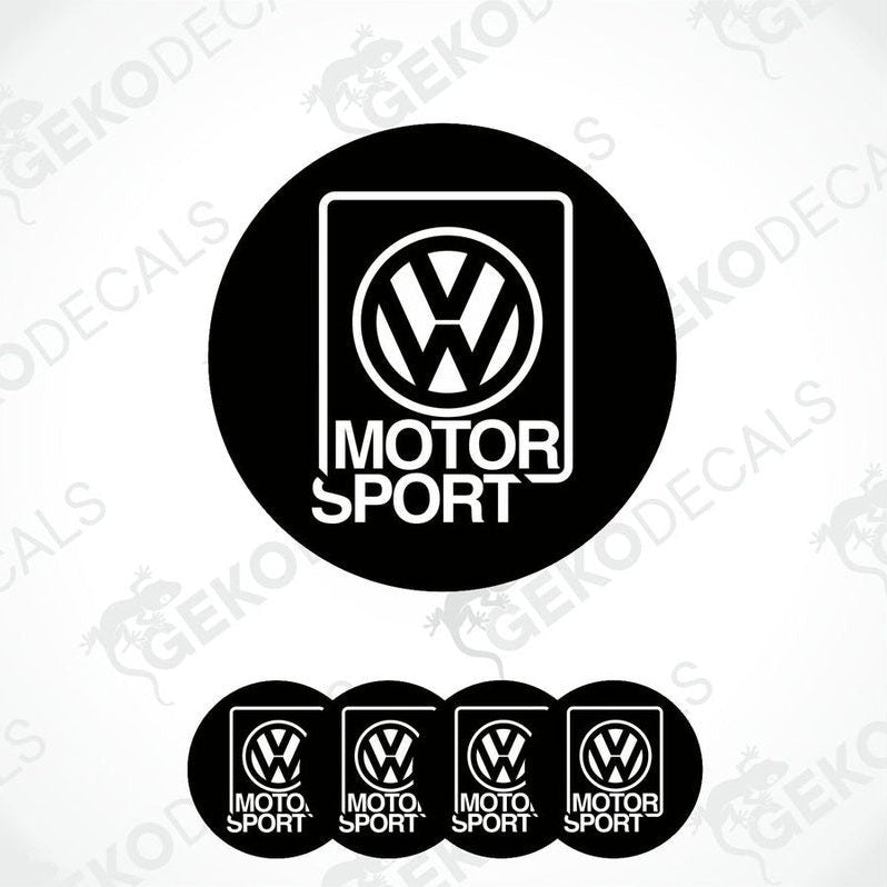 A set of four black and white vinyl decals with the 'Volkswagen Motor Sport' logo.