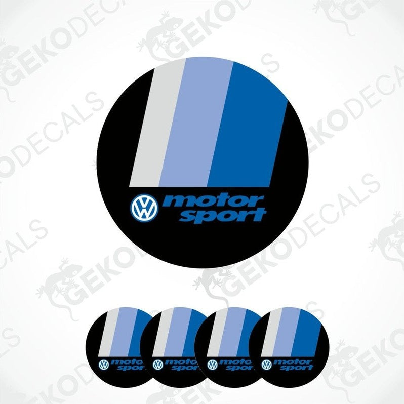 A set of four blue, black, and white vinyl stickers with the Volkswagen MotorSport logo on them.