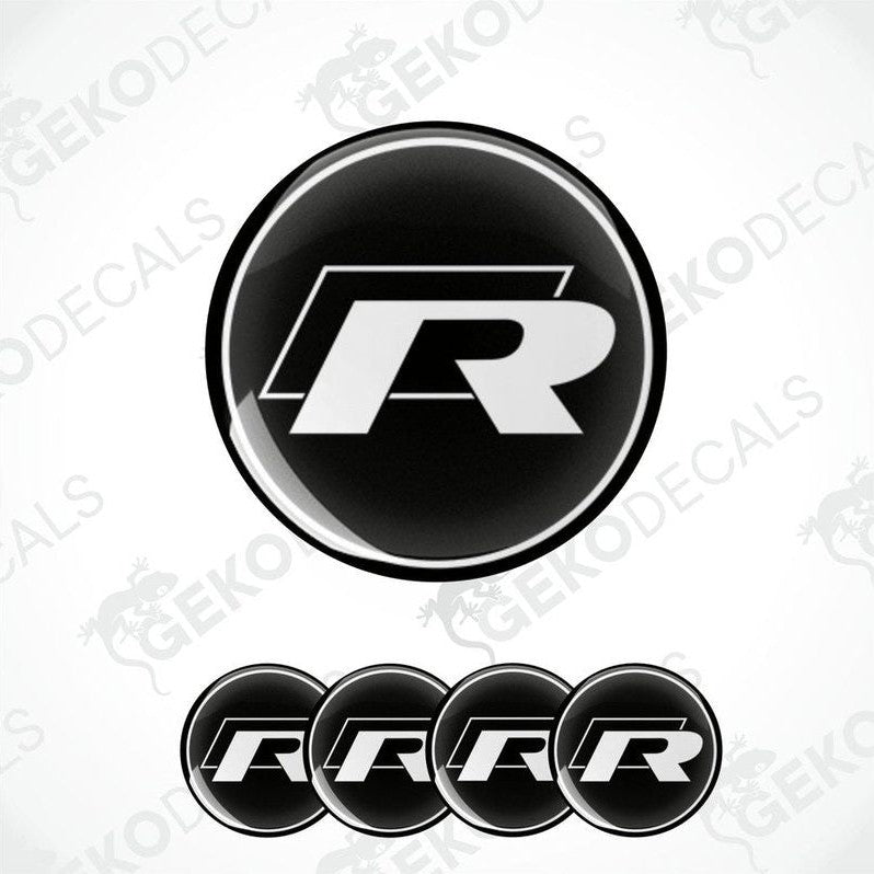 A set of four vinyl decals featuring the Volkswagen R logo in black and white.