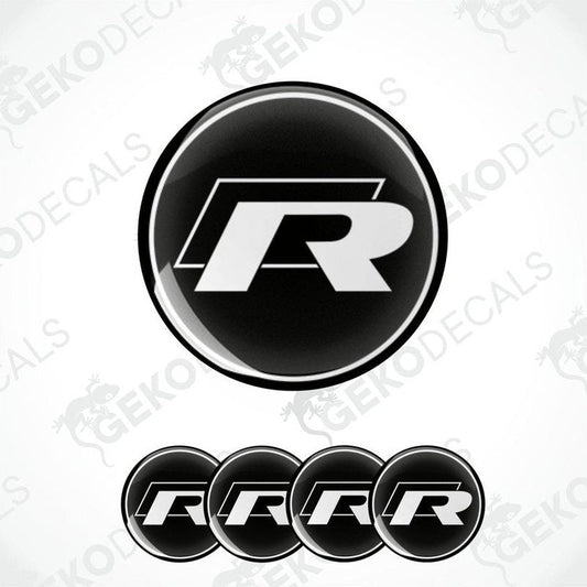 A set of four vinyl decals featuring the Volkswagen R logo in black and white.