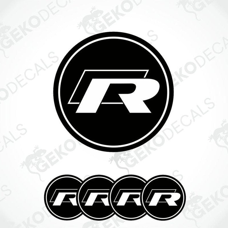 A set of four vinyl decals featuring the Volkswagen R logo in black and white.