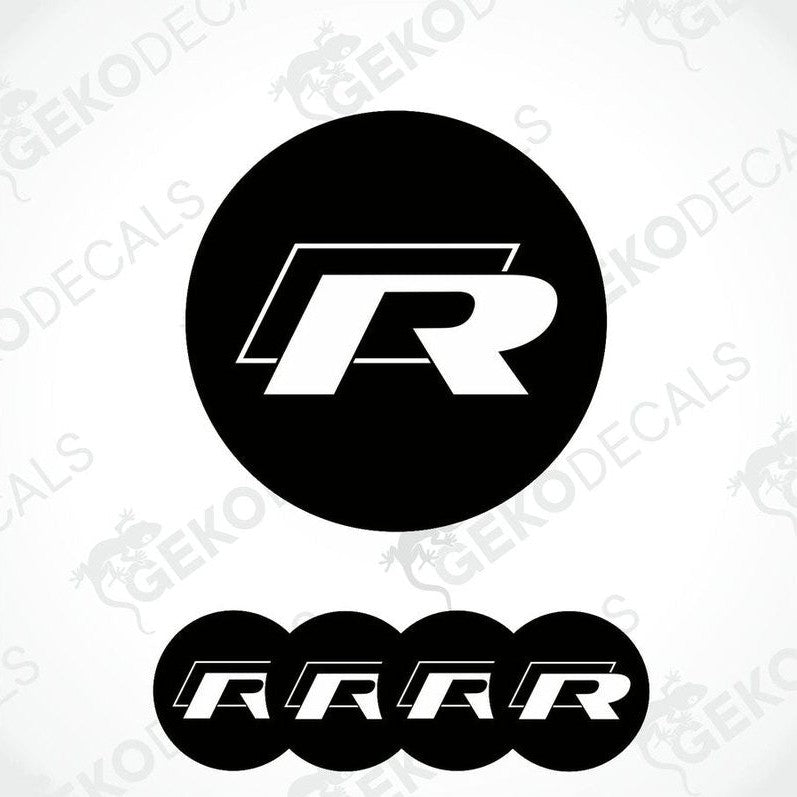 A set of four vinyl decals featuring the Volkswagen R logo in black and white.