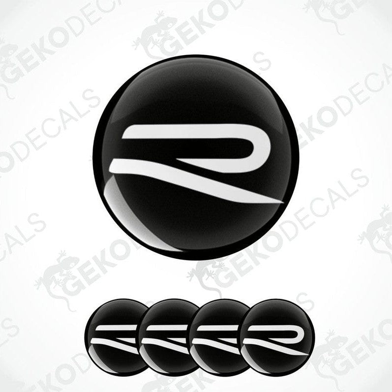 A set of four vinyl decals featuring the Volkswagen R logo in black and white.