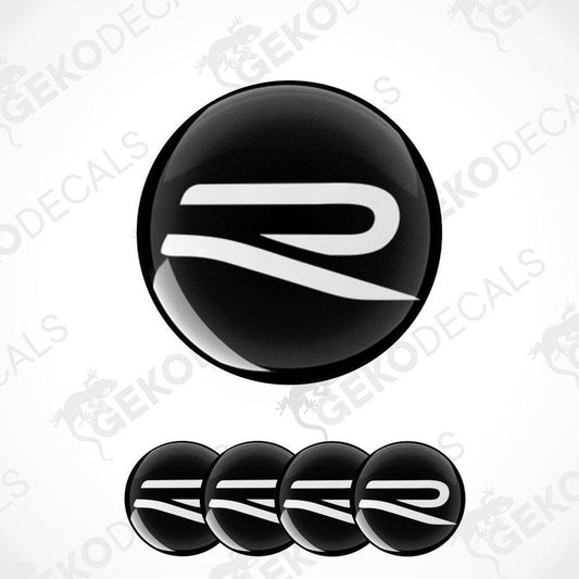A set of four vinyl decals featuring the Volkswagen R logo in black and white.