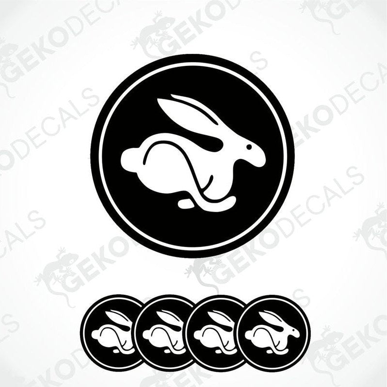 A set of vinyl decals featuring a white Volkswagen rabbit on a black background, designed for use as car stickers.