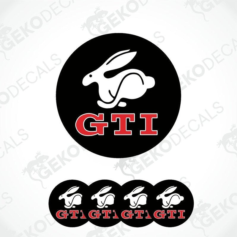 A set of four black vinyl stickers with a white rabbit and red GTI logo design.