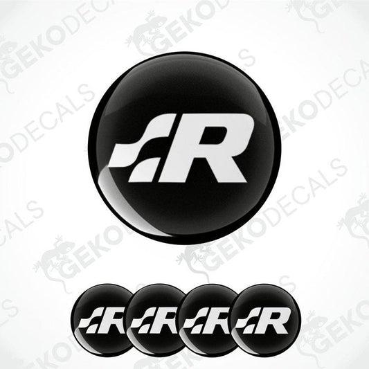 A set of four vinyl decals featuring the Volkswagen R logo in black and white.