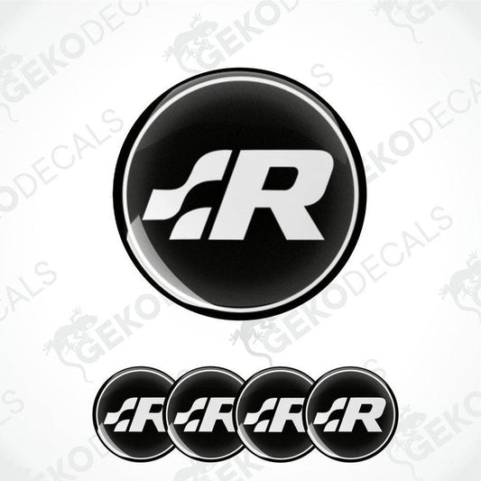 A set of four vinyl decals featuring the Volkswagen R logo in black and white.