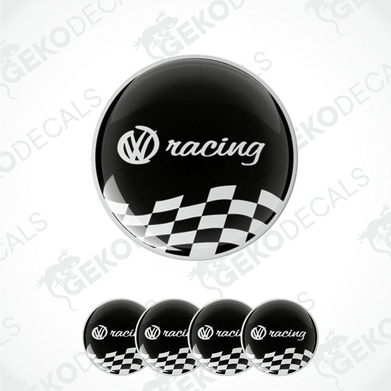 A set of four black, white, and gray checkered vinyl decals with the text 'racing' and the Volkswagen logo.