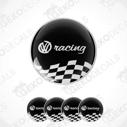 A set of four black, white, and gray checkered vinyl decals with the text 'racing' and the Volkswagen logo.