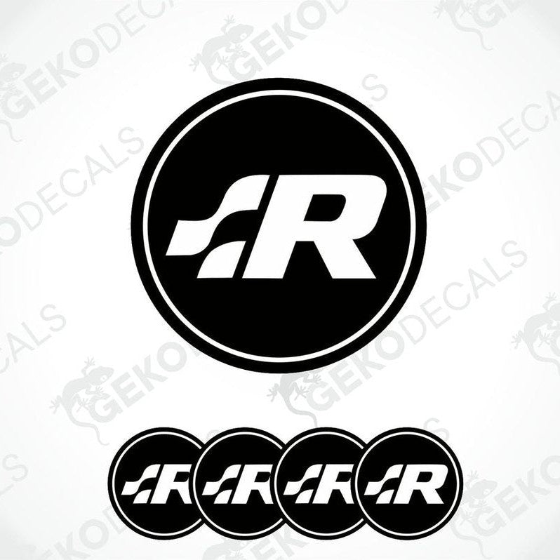 A set of four vinyl decals featuring the Volkswagen R logo in black and white.