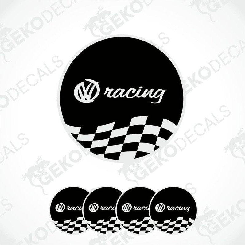 A set of four black, white, and gray checkered vinyl decals with the text 'racing' and the Volkswagen logo.