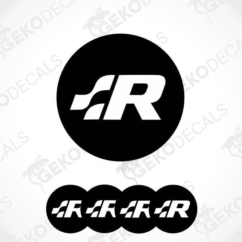 A set of four vinyl decals featuring the Volkswagen R logo in black and white.