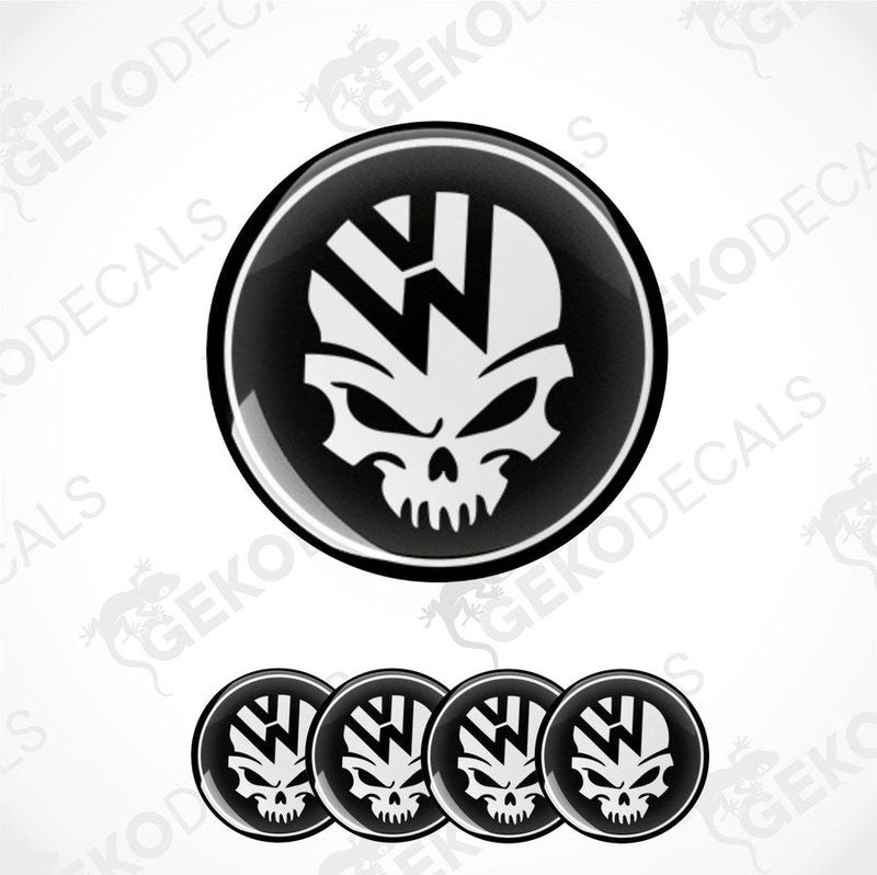 A set of vinyl decals featuring a skull design with the Volkswagen logo within the skull's mouth.