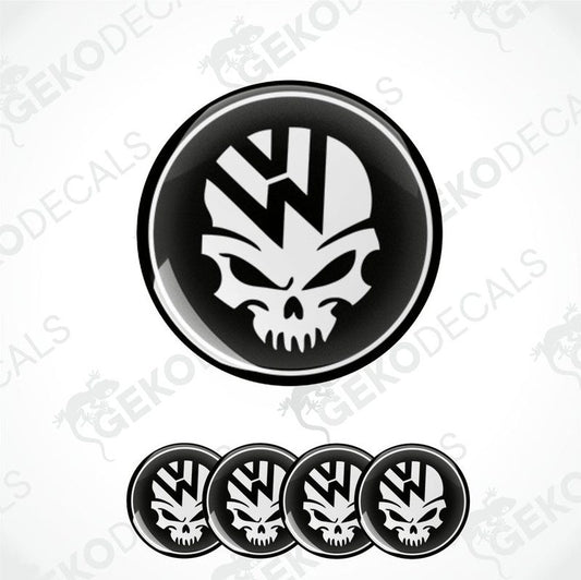 A set of vinyl decals featuring a skull design with the Volkswagen logo within the skull's mouth.