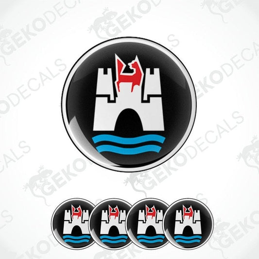 Set of four black vinyl stickers with white and red Wolkswagen Wolfsburg logo