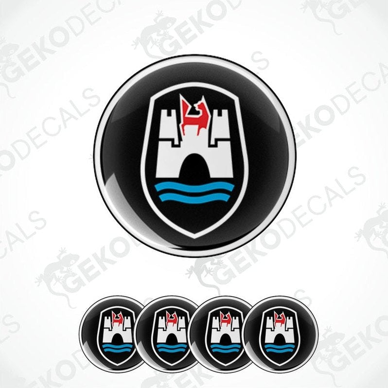 Set of four black vinyl stickers with white and red Wolkswagen Wolfsburg logo