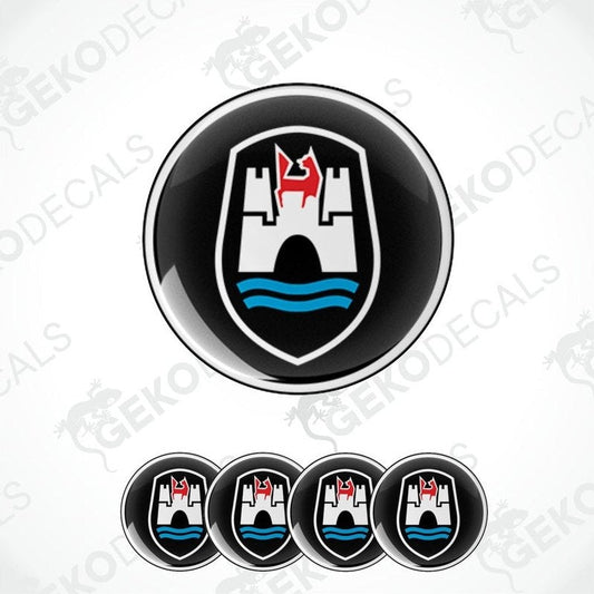 Set of four black vinyl stickers with white and red Wolkswagen Wolfsburg logo
