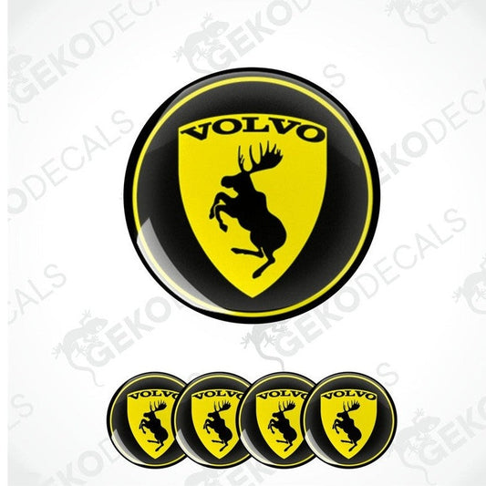 A set of four black, yellow, and white volvo decals with a depiction of a reindeer.