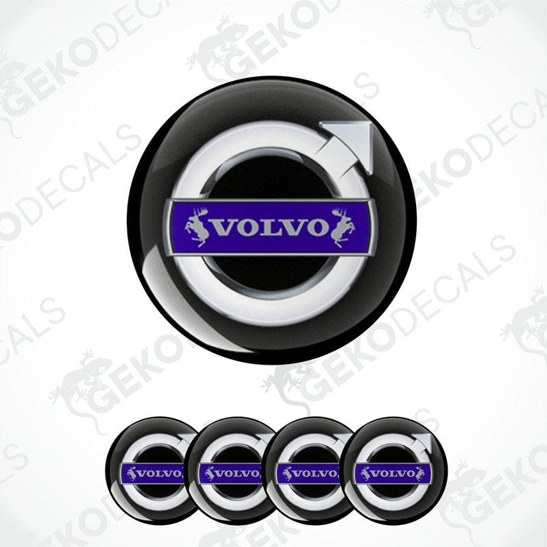 A set of four Volvo branded vinyl stickers with a polyurethane coating, displayed .