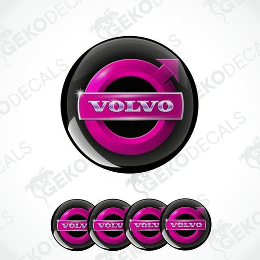 A set of four pink and black vinyl stickers with the word 'VOLVO' and a symbol on each sticker.