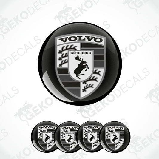 A set of four black and white vinyl decals with a polyurethane coating, featuring the Volvo Göteborg shield logo.