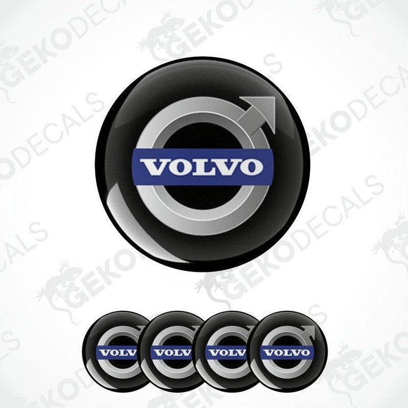 A set of four black vinyl stickers with the Volvo brand logo on them, arranged in a circular pattern with a white background.