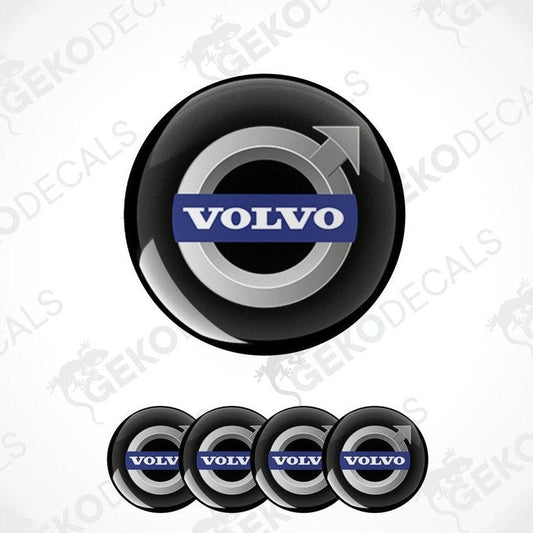 A set of four black vinyl stickers with the Volvo brand logo on them, arranged in a circular pattern with a white background.