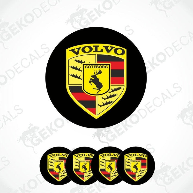 A set of four black, yellow, red, and white volvo branded vinyl stickers, with a dome shape designed for use on car wheels or caps.