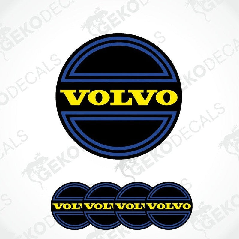 A set of four Volvo branded vinyl stickers with a blue and yellow design, intended for use on car wheels or caps.