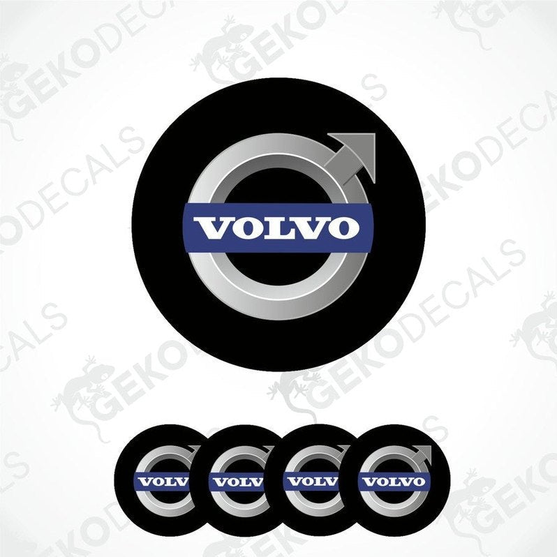 A set of four black vinyl stickers with the Volvo brand logo on them, arranged in a circular pattern with a white background.