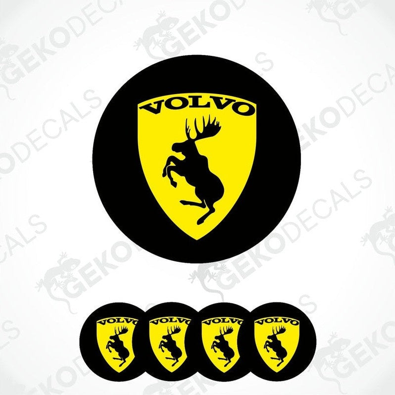 A set of four black vinyl stickers with the Volvo brand logo and a depiction of a reindeer. The stickers have a glossy finish.