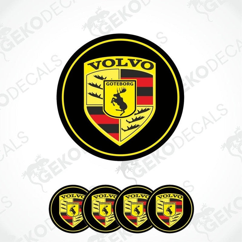 A set of four black, yellow, red, and white volvo branded vinyl stickers, with a dome shape designed for use on car wheels or caps.