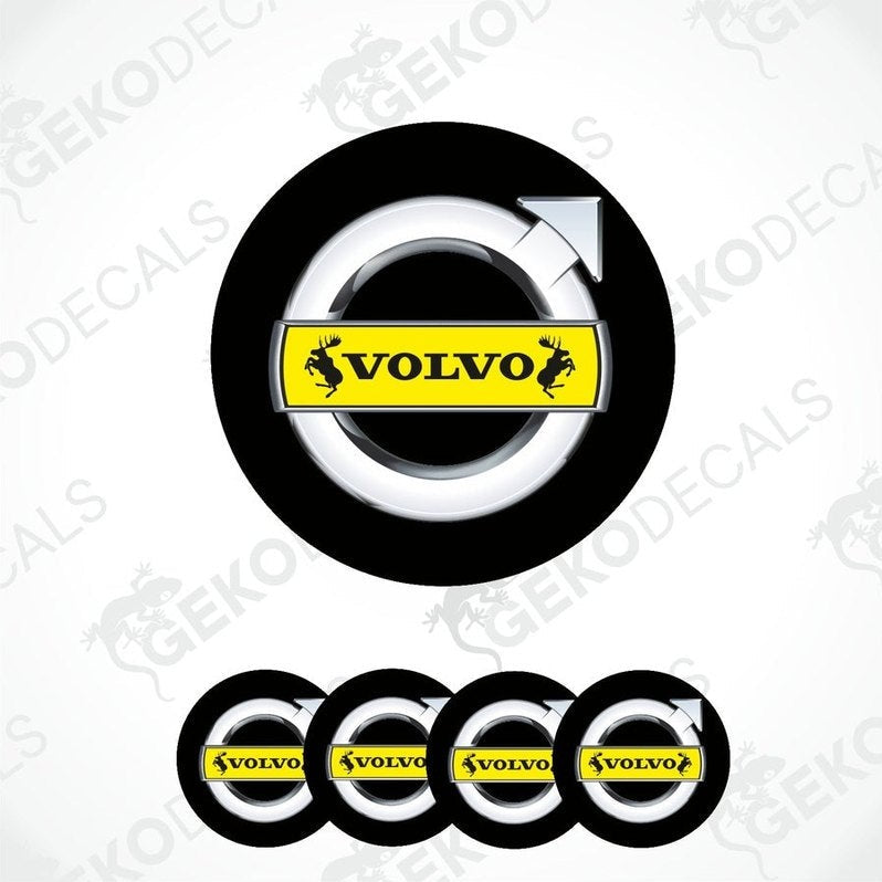 A set of four black vinyl stickers with the Volvo brand logo in yellow.